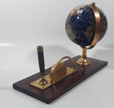 Beautiful 5" Tall Dark Blue with Mother of Pearl and Semi-Precious Gems Gemstones Earth World Map Rotating Globe Clock and Pen Holder On Wood Base