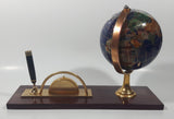 Beautiful 5" Tall Dark Blue with Mother of Pearl and Semi-Precious Gems Gemstones Earth World Map Rotating Globe Clock and Pen Holder On Wood Base