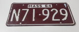 Vintage 1964 Massachusetts White Lettering Maroon Vehicle License Plate Metal Tag N71 929