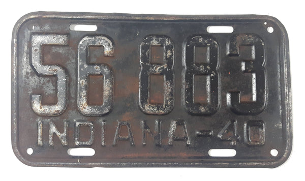 Vintage 1940 Indiana Silver Lettering Black Vehicle License Plate Metal Tag 56 883