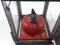 Antique British Railways Midland Hand Carry Oil Light Lantern 13" Tall Red and Teal Green Metal with Glass Panels