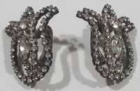 Vintage Sparkling Clear Rhinestone Tulip Bell Flower Shaped Metal Clip On Earrings