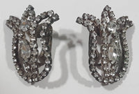 Vintage Sparkling Clear Rhinestone Tulip Bell Flower Shaped Metal Clip On Earrings