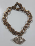 Vintage Copper Chain Bracelet with Sparkling Rhinestone and Light Foam Green Bead Eye Shaped Pendant Charm