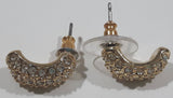 Clear Sparkling Rhinestone Curved Crescent Shaped Gold Tone Metal Earrings