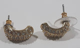 Clear Sparkling Rhinestone Curved Crescent Shaped Gold Tone Metal Earrings