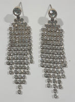Clear Sparkling Rhinestone Curtain Sheet Dangling Metal Push Back Earrings