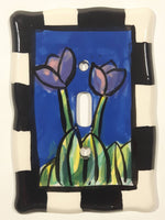 Handpainted Purple Pink Flowers Black and White Checkers Border Ceramic Light Switch Cover