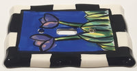 Handpainted Purple Pink Flowers Black and White Checkers Border Ceramic Light Switch Cover
