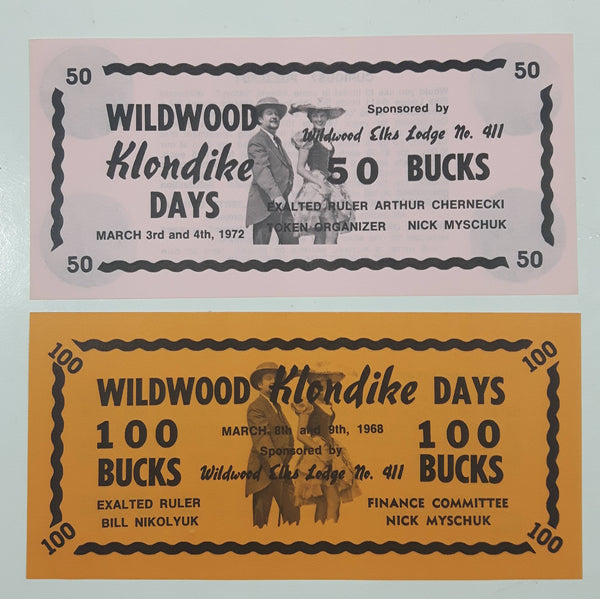 Vintage 1968 and 1972 Wildwood Klondike Days 50 Bucks and 100 Bucks Old Pink and Orange Colored Paper Fair Money Note Token