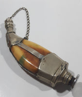 Beautiful Antique 1820s to 1830s 19th Century Gun Powder Flask Cow Horn Bone Style Encased in Metal with Chain