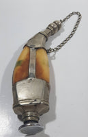 Beautiful Antique 1820s to 1830s 19th Century Gun Powder Flask Cow Horn Bone Style Encased in Metal with Chain