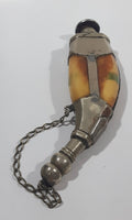 Beautiful Antique 1820s to 1830s 19th Century Gun Powder Flask Cow Horn Bone Style Encased in Metal with Chain