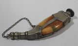 Beautiful Antique 1820s to 1830s 19th Century Gun Powder Flask Cow Horn Bone Style Encased in Metal with Chain