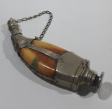 Beautiful Antique 1820s to 1830s 19th Century Gun Powder Flask Cow Horn Bone Style Encased in Metal with Chain