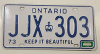 Vintage 1973 Ontario Keep It Beautiful Blue Letters White Metal License Plate Tag JJX 303