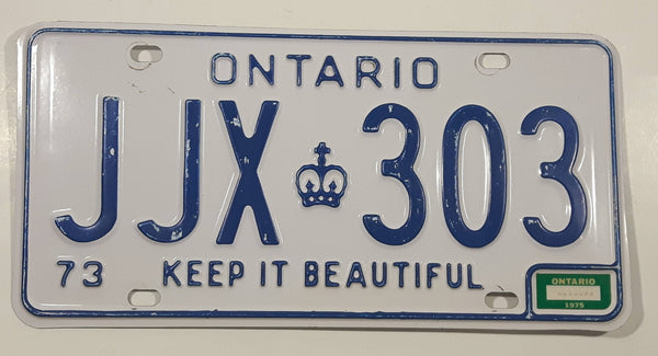 Vintage 1973 Ontario Keep It Beautiful Blue Letters White Metal License Plate Tag JJX 303