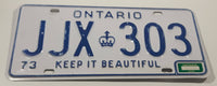 Vintage 1973 Ontario Keep It Beautiful Blue Letters White Metal License Plate Tag JJX 303