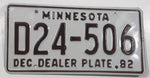 1982 Minnesota Dec Dealer Plate Dark Brown Letters White Metal License Plate Tag D24 506