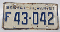 Vintage 1961 Saskatchewan Blue Letters White Metal Farm License Plate Tag 43042