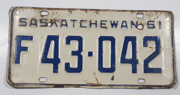 Vintage 1961 Saskatchewan Blue Letters White Metal Farm License Plate Tag 43042