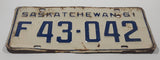 Vintage 1961 Saskatchewan Blue Letters White Metal Farm License Plate Tag 43042