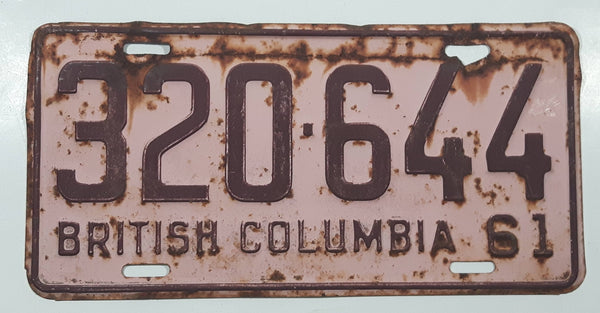 Vintage 1961 British Columbia Maroon Letters Pink Metal License Plate Tag 320 644