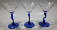 Set of 3 Vintage Clear Bowl Blue Bent Stem Martini Glasses