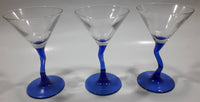 Set of 3 Vintage Clear Bowl Blue Bent Stem Martini Glasses