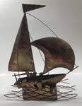 Vintage Tin Metal Sail Boat Ship 10" Long 12 1/2" Tall Music Santoyo Japan Music Box Plays 'Red Sails In The Sunset' Made in Hong Kong Box Not Working