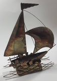 Vintage Tin Metal Sail Boat Ship 10" Long 12 1/2" Tall Music Santoyo Japan Music Box Plays 'Red Sails In The Sunset' Made in Hong Kong Box Not Working