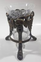 Ornate Metal Footed Base Grape Themed Crackle Glass Candle Holder 6" Tall