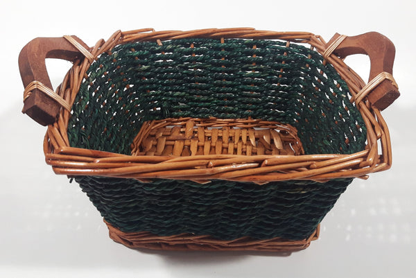 Brown and Green Woven Wicker Basket with Handles 8" x 8"