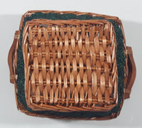 Brown and Green Woven Wicker Basket with Handles 8" x 8"