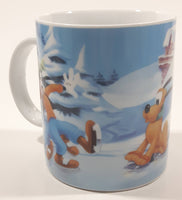 Enesco Disney Mickey Mouse, Minnie Mouse, Goofy, and Pluto Winter Scene Ice Skating on A Pond 3 3/4" Tall Ceramic Coffee Mug Cup