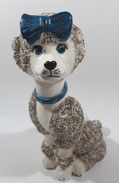 White and Grey Poodle Dog with Blue Bow 10" Tall Ceramic Figurine