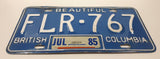 1985 Beautiful British Columbia Blue with White Letters Vehicle License Plate FLR 767