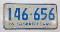 Vintage 1976 Saskatchewan Blue Lettering White Vehicle License Plate Metal Tag 146 656