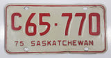 Vintage 1975 Saskatchewan Red Lettering White Commercial Vehicle License Plate Metal Tag C 65 770