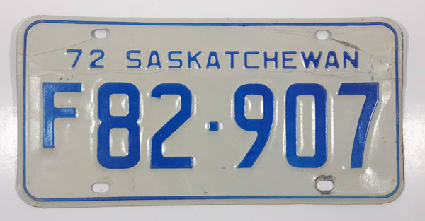 Vintage 1972 Saskatchewan Blue Lettering White Farm Vehicle License Plate Metal Tag F 82 907