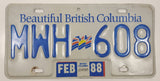 1988 Beautiful British Columbia White with Blue Letters Vehicle License Plate MWH 608