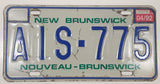 1992 New Brunswick Nouveau-Brunswick White with Blue Letters Vehicle License Plate AIS 775