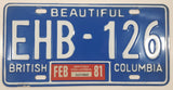 Set of Matching 1981 Beautiful British Columbia Blue with White Letters Vehicle License Plate EHB 126