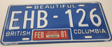 Set of Matching 1981 Beautiful British Columbia Blue with White Letters Vehicle License Plate EHB 126