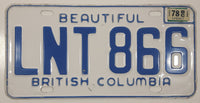 1978 Beautiful British Columbia White with Blue Letters Vehicle License Plate LNT 866