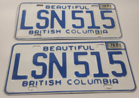 Matching Set of 1978 Beautiful British Columbia White with Blue Letters Vehicle License Plate LSN 515