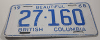 1968 Beautiful British Columbia White with Blue Letters Vehicle License Plate 27 160