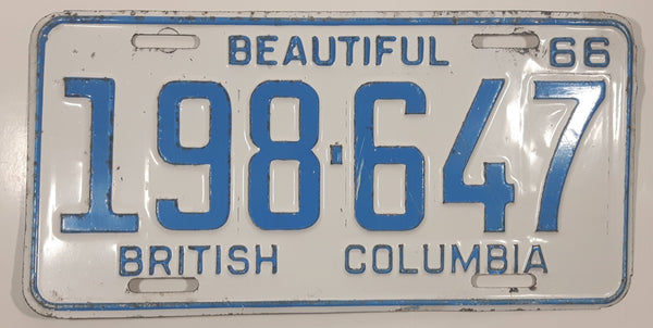 1966 Beautiful British Columbia White with Light Blue Letters Vehicle License Plate 198 647