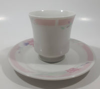 White with Light Blue and Pink Flower Themed Fine China Tea Cup and Saucer Set