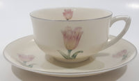 Czechoslovakia Cream with Pink Tulip Flower Themed Silver Trim Fine China Tea Cup and Saucer Set